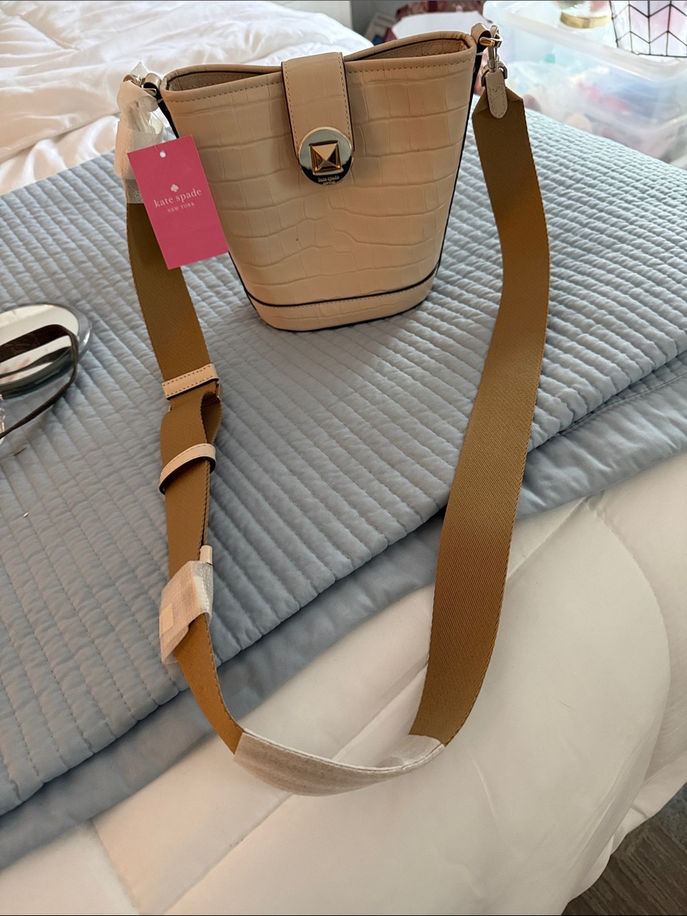 kate spade Cream Croc-Embossed Bucket Bag with Tan Strap